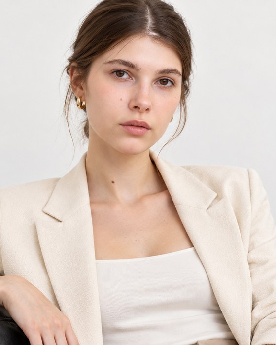 TwentySix model in a cream blazer, seated in a black leather armchair