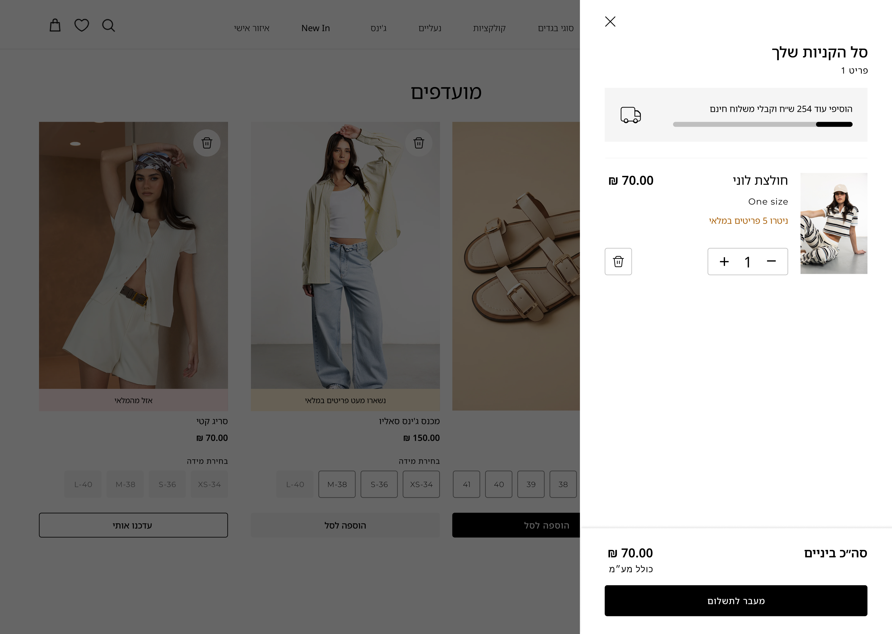 Shopping bag after: the bag open over the wishlist; separate close button, free-shipping progress, stock status, remove button, subtotal and checkout