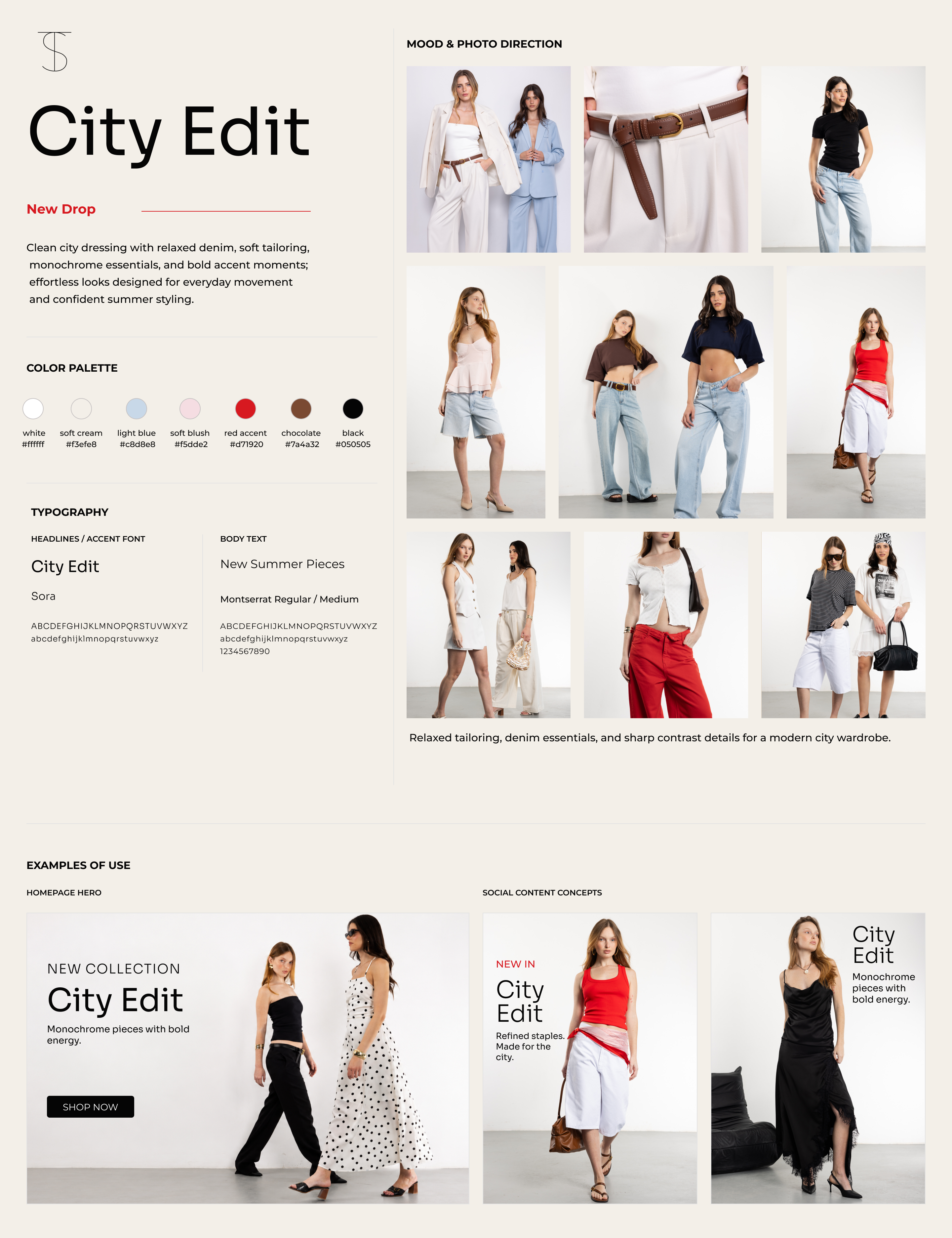 City Edit collection concept: New Drop description, mood and photo direction, seven-color palette, typography (Sora, Montserrat), and examples of use: homepage hero and two social content concepts